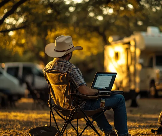 Person using a laptop outdoors beside an RV